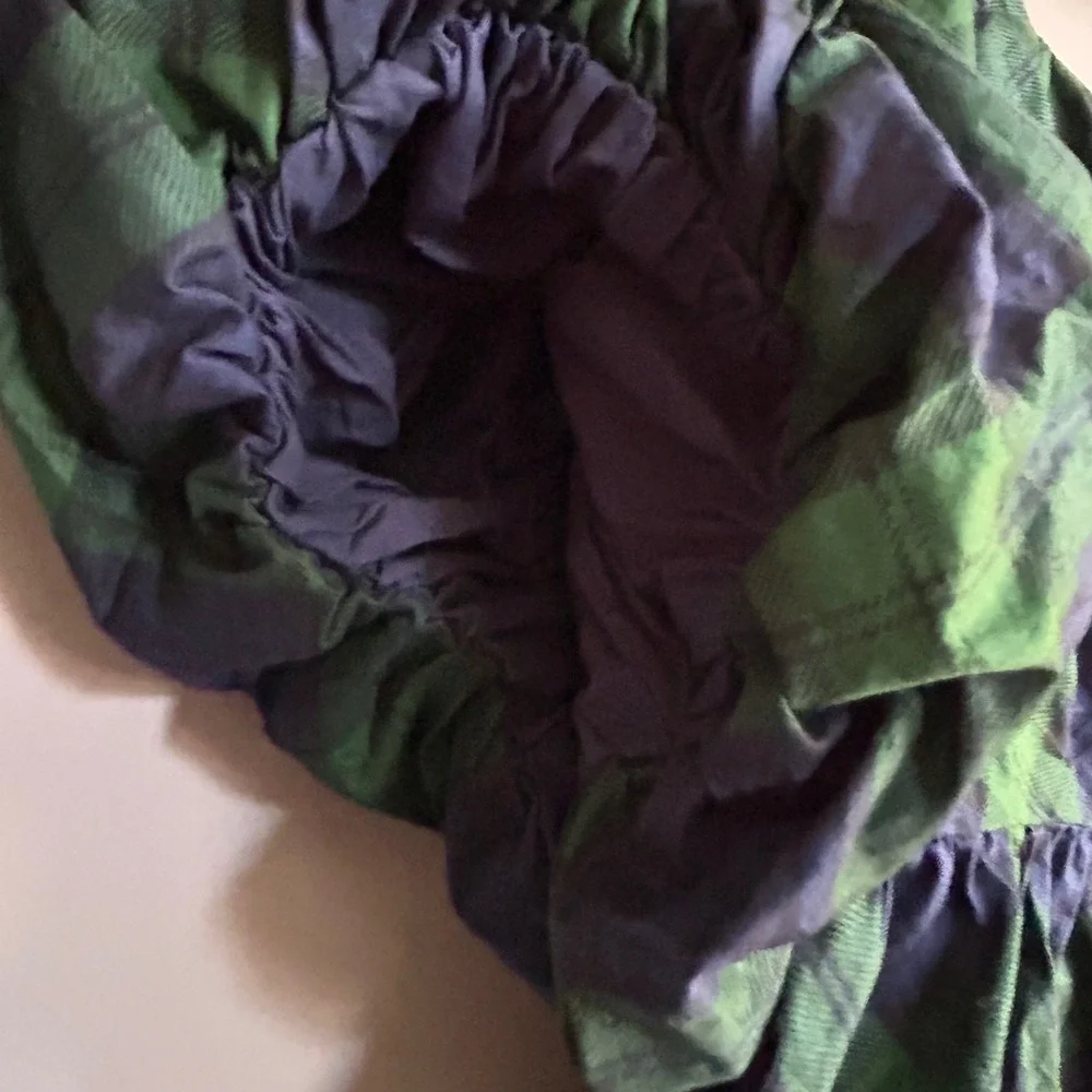 Old Navy Womens XL Green Navy Plaid‎ Puff Sleeve Smocked Peplum Blouse Top